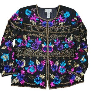 VTG Y2K Black Silk Floral Blazer Formal Jacket Beaded Sequins Sz Large Petite